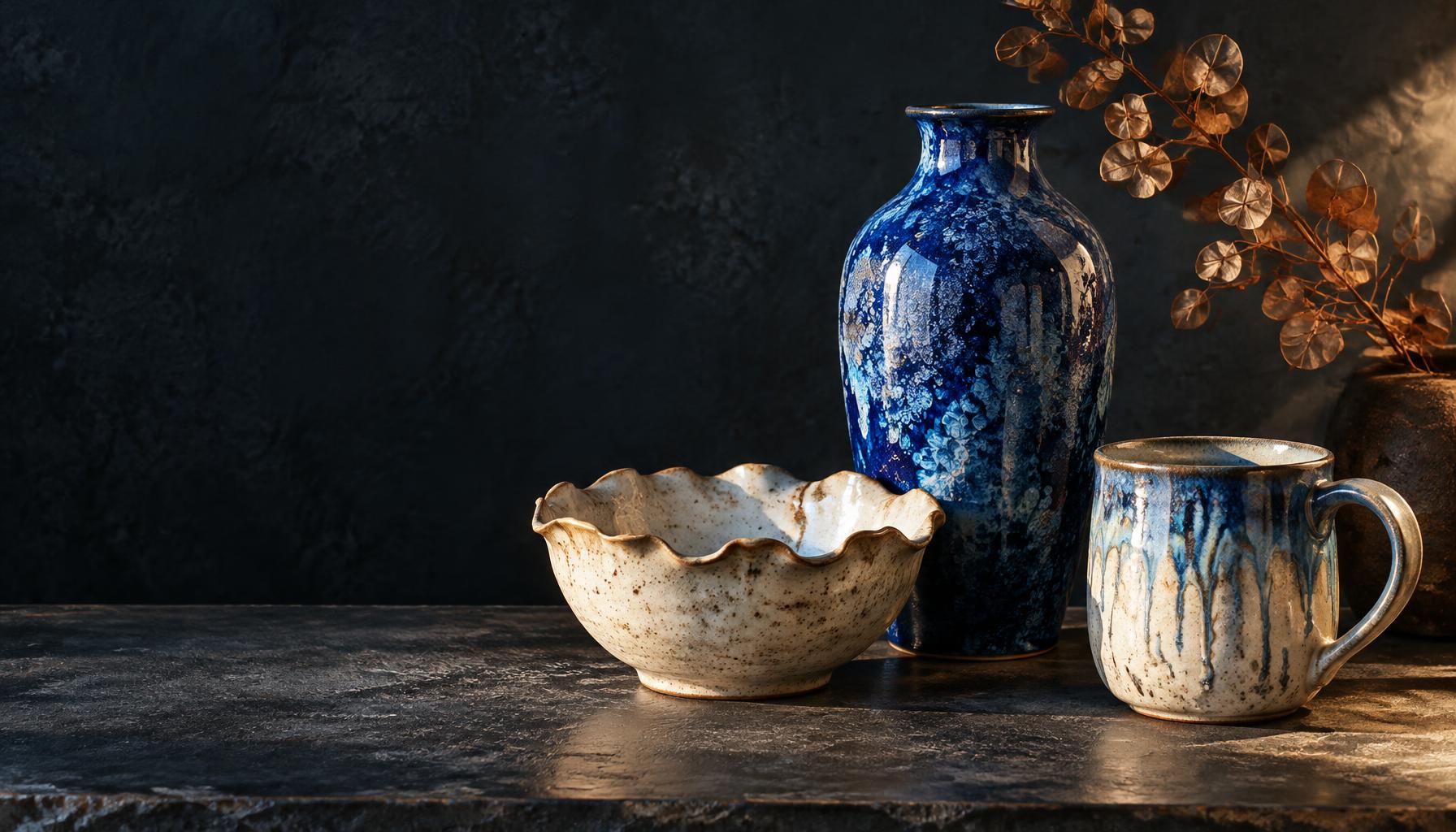 Handmade cobalt vase, scalloped ivory bowl and ceramic mug